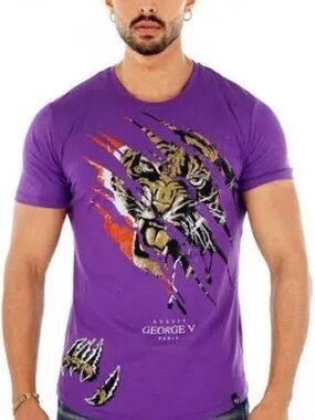 Avenue George V Paris T-Shirt Mens Luxury Short Sleeve purple Tiger Claw L XL